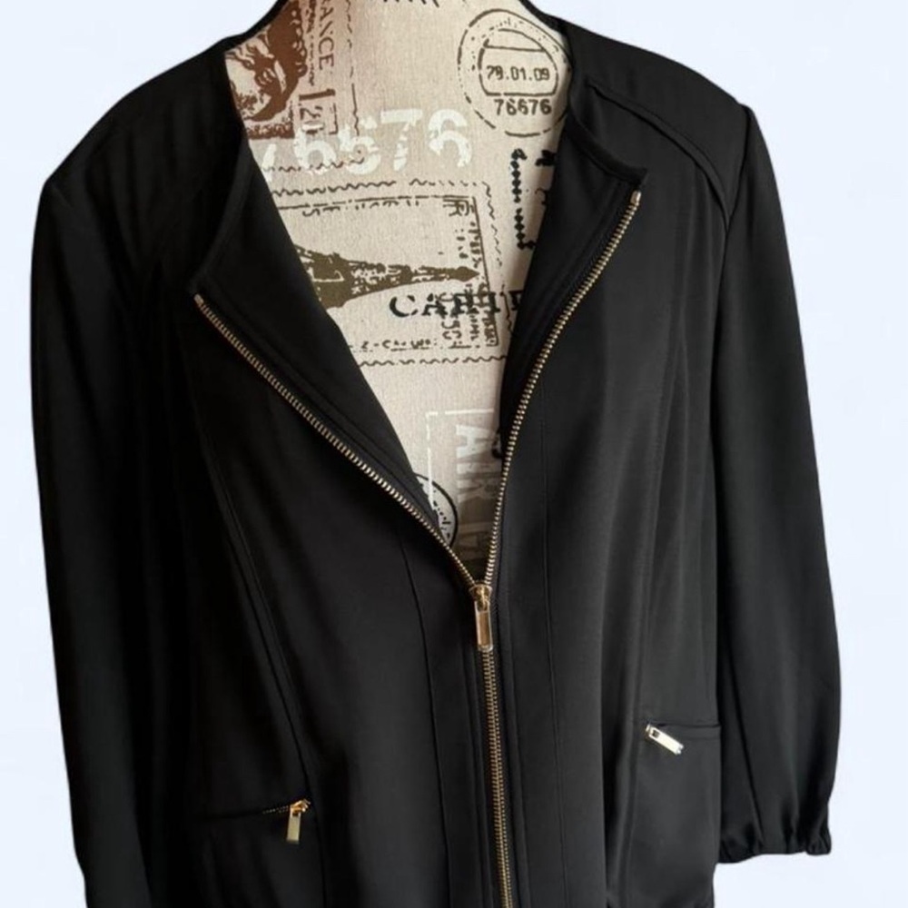 Cache black jacket with gold zipper detailing and zipper pockets